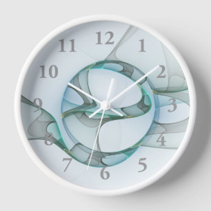Modern Abstract Fractal Art Blue Turquoise Gray Clock