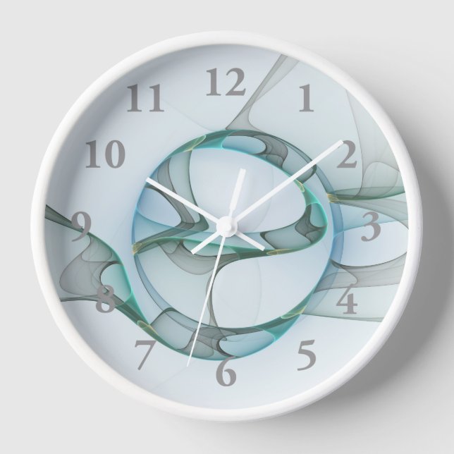 Modern Abstract Fractal Art Blue Turquoise Gray Clock (Front)
