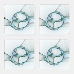 Modern Abstract Fractal Art Blue Turquoise Gray Coaster Set