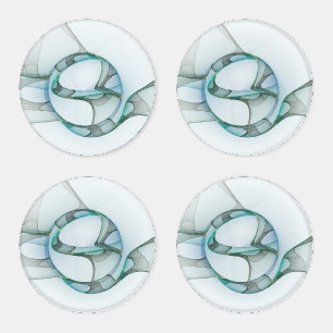 Modern Abstract Fractal Art Blue Turquoise Gray Coaster Set