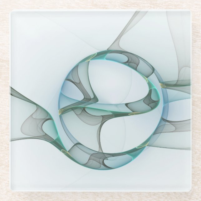 Modern Abstract Fractal Art Blue Turquoise Gray Glass Coaster (Front)