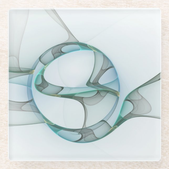 Modern Abstract Fractal Art Blue Turquoise Gray Glass Coaster (Front)