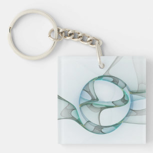 Modern Abstract Fractal Art Blue Turquoise Gray Keychain