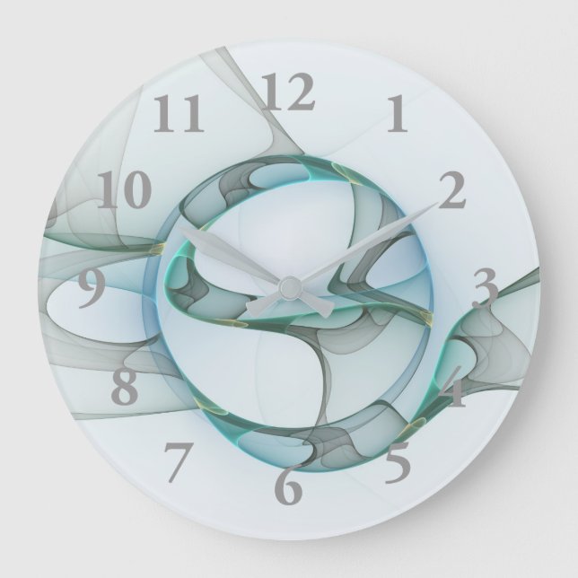 Modern Abstract Fractal Art Blue Turquoise Gray Large Clock (Front)