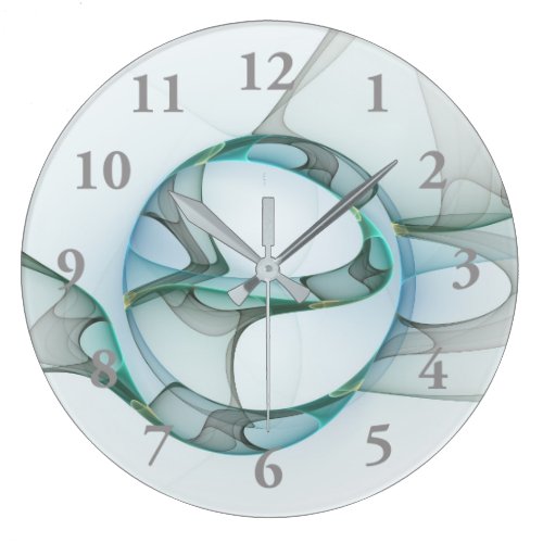 Modern Abstract Fractal Art Blue Turquoise Gray Large Clock
