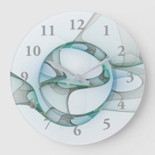 Modern Abstract Fractal Art Blue Turquoise Gray Large Clock