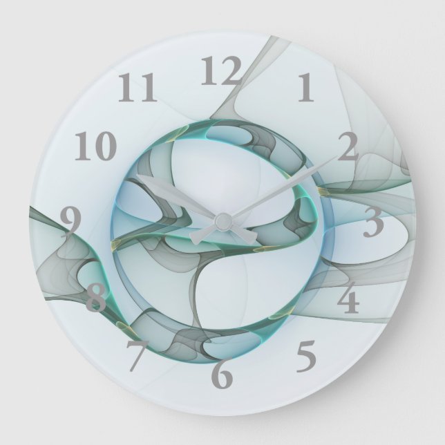 Modern Abstract Fractal Art Blue Turquoise Gray Large Clock (Front)