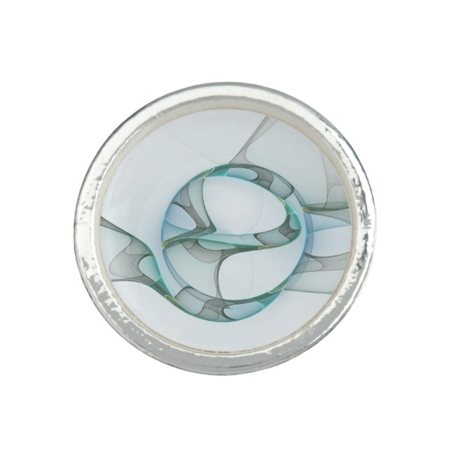 Modern Abstract Fractal Art Blue Turquoise Gray Ring (Front)