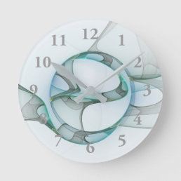 Modern Abstract Fractal Art Blue Turquoise Gray Round Clock