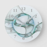 Modern Abstract Fractal Art Blue Turquoise Gray Round Clock