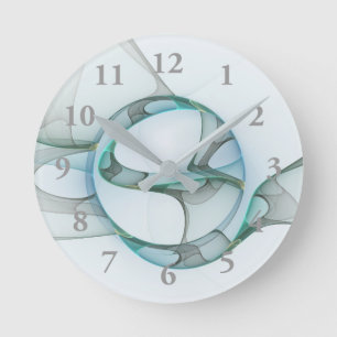 Modern Abstract Fractal Art Blue Turquoise Gray Round Clock