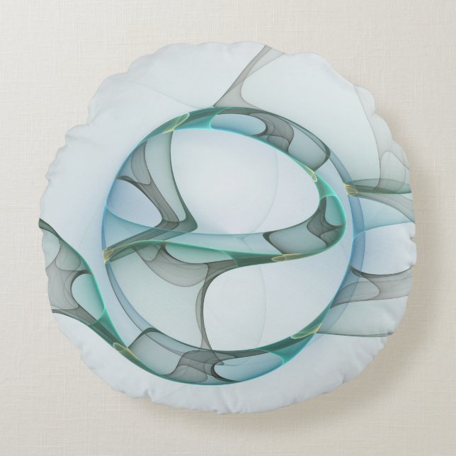 Modern Abstract Fractal Art Blue Turquoise Gray Round Pillow (Front)