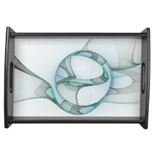 Modern Abstract Fractal Art Blue Turquoise Gray Serving Tray