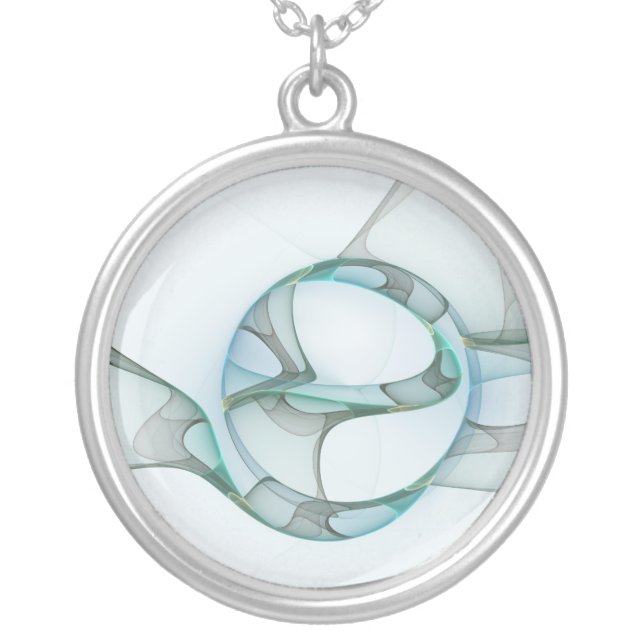 Modern Abstract Fractal Art Blue Turquoise Gray Silver Plated Necklace (Front)