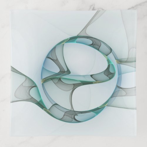Modern Abstract Fractal Art Blue Turquoise Gray Trinket Tray