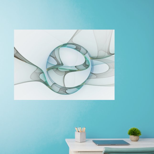 Modern Abstract Fractal Art Blue Turquoise Gray Wall Decal (Home Office)