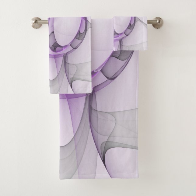 Modern Abstract Fractal Art Lavender Gray Bath Towel Set (Insitu)
