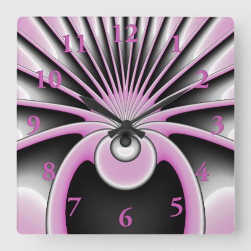 Modern Abstract Fractal Art Pink Gray Black Figure Square Wall Clock
