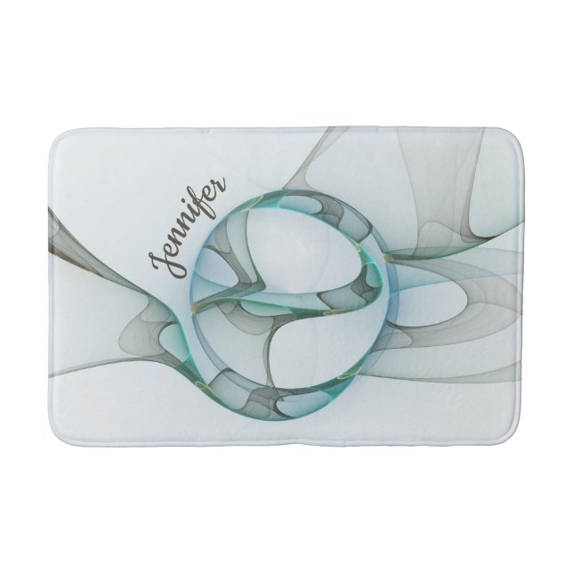 Modern Abstract Fractal Blue Turquoise Gray Name Bath Mat (Front)