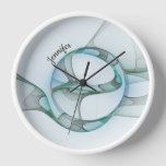 Modern Abstract Fractal Blue Turquoise Gray Name Clock
