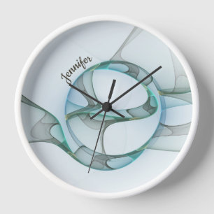 Modern Abstract Fractal Blue Turquoise Gray Name Clock