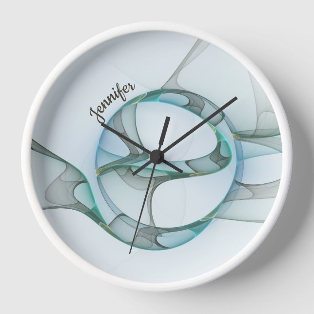 Modern Abstract Fractal Blue Turquoise Gray Name Clock (Front)