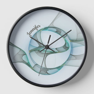 Modern Abstract Fractal Blue Turquoise Gray Name Clock