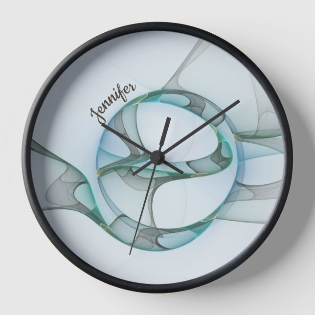 Modern Abstract Fractal Blue Turquoise Gray Name Clock (Front)