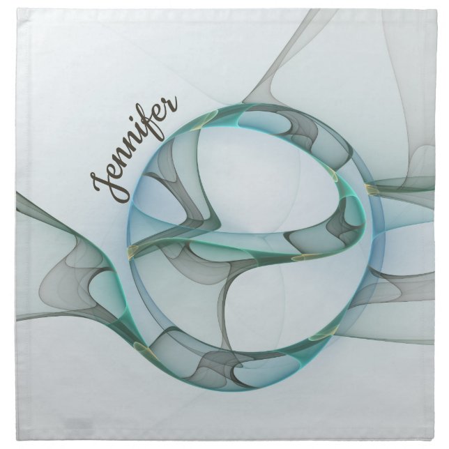 Modern Abstract Fractal Blue Turquoise Gray Name Cloth Napkin (Front)