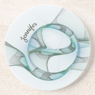 Modern Abstract Fractal Blue Turquoise Gray Name Coaster