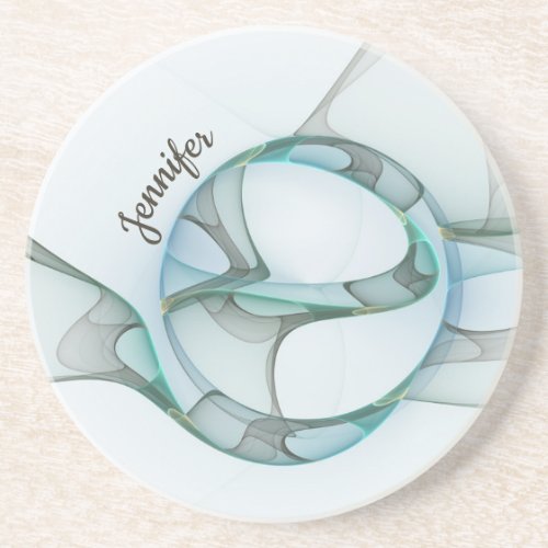 Modern Abstract Fractal Blue Turquoise Gray Name Coaster