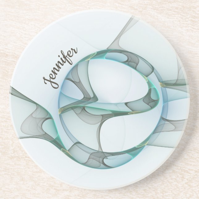 Modern Abstract Fractal Blue Turquoise Gray Name Coaster (Front)