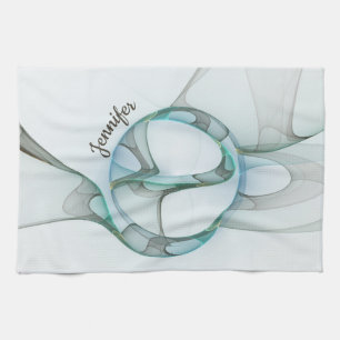 Modern Abstract Fractal Blue Turquoise Gray Name Kitchen Towel