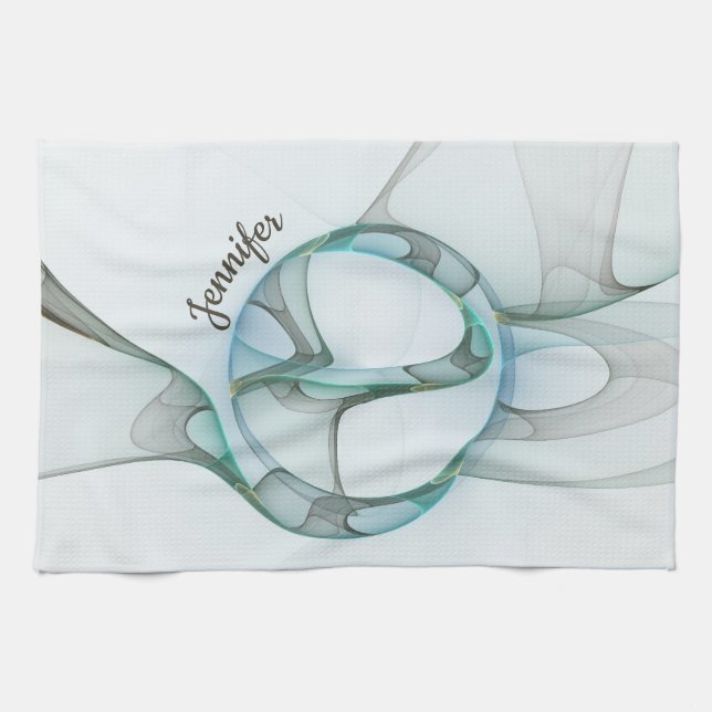 Modern Abstract Fractal Blue Turquoise Gray Name Kitchen Towel (Horizontal)