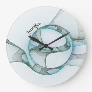 Modern Abstract Fractal Blue Turquoise Gray Name Large Clock