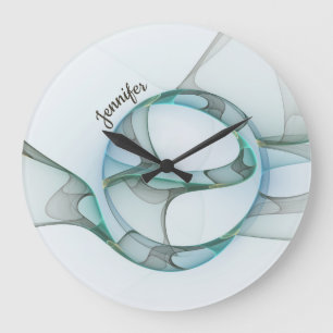 Modern Abstract Fractal Blue Turquoise Gray Name Large Clock