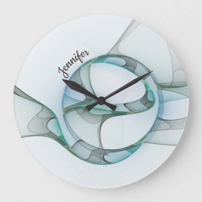 Modern Abstract Fractal Blue Turquoise Gray Name Large Clock (Front)