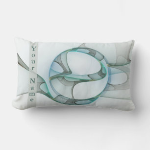 Modern Abstract Fractal Blue Turquoise Gray Name Lumbar Pillow