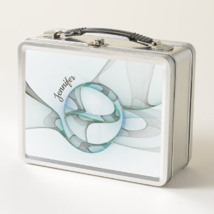 Modern Abstract Fractal Blue Turquoise Gray Name Metal Lunch Box