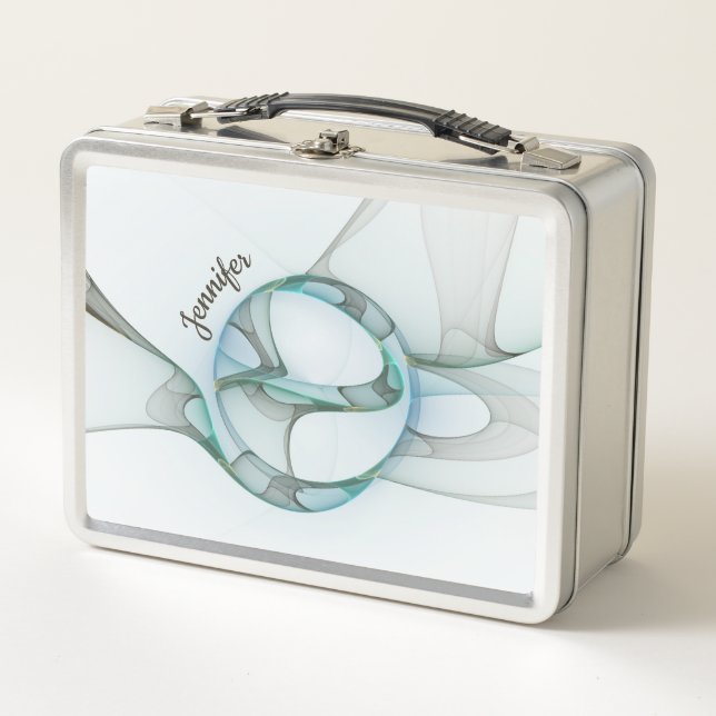 Modern Abstract Fractal Blue Turquoise Gray Name Metal Lunch Box (Front)