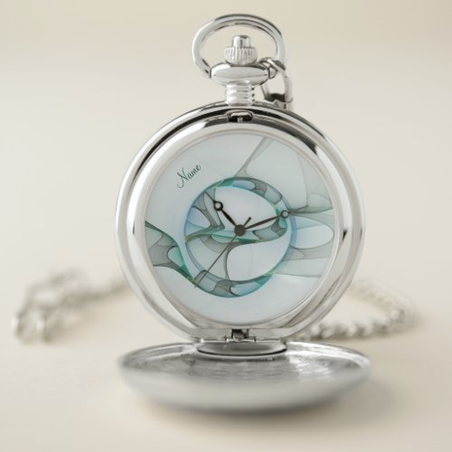 Modern Abstract Fractal Blue Turquoise Gray Name Pocket Watch
