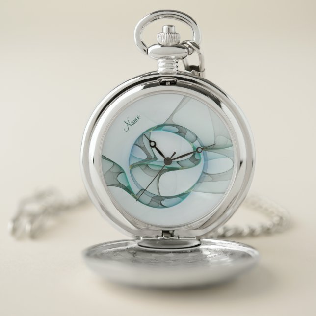 Modern Abstract Fractal Blue Turquoise Gray Name Pocket Watch (Inside)