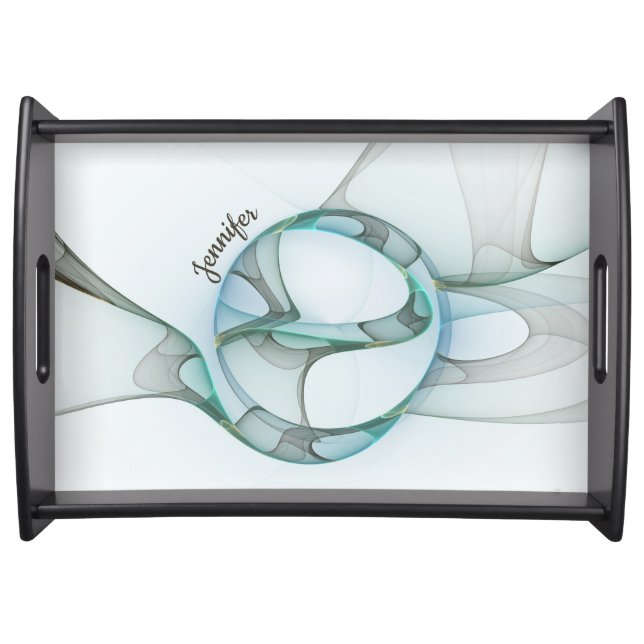 Modern Abstract Fractal Blue Turquoise Gray Name Serving Tray (Front)