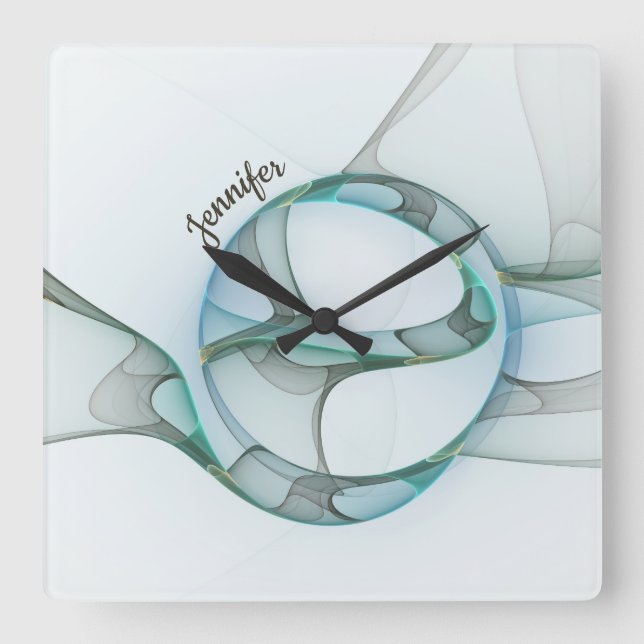 Modern Abstract Fractal Blue Turquoise Gray Name Square Wall Clock (Front)