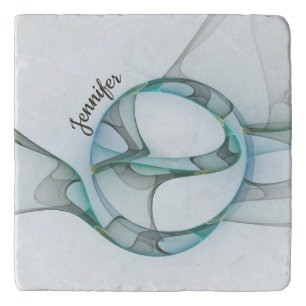 Modern Abstract Fractal Blue Turquoise Gray Name Trivet
