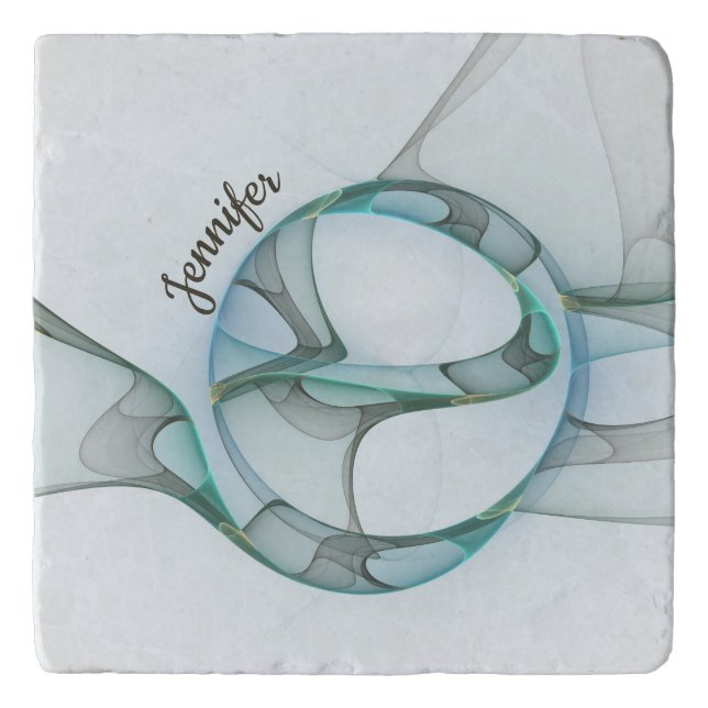 Modern Abstract Fractal Blue Turquoise Gray Name Trivet (Front)