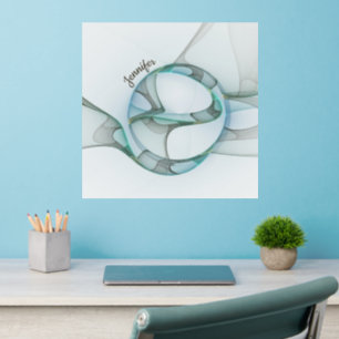 Modern Abstract Fractal Blue Turquoise Gray Name Wall Decal