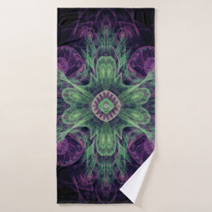 Modern Abstract Fractal Purple and Green Design Bath Towel