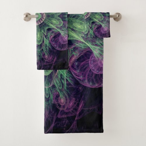 Modern Abstract Fractal Purple and Green Design Bath Towel Set