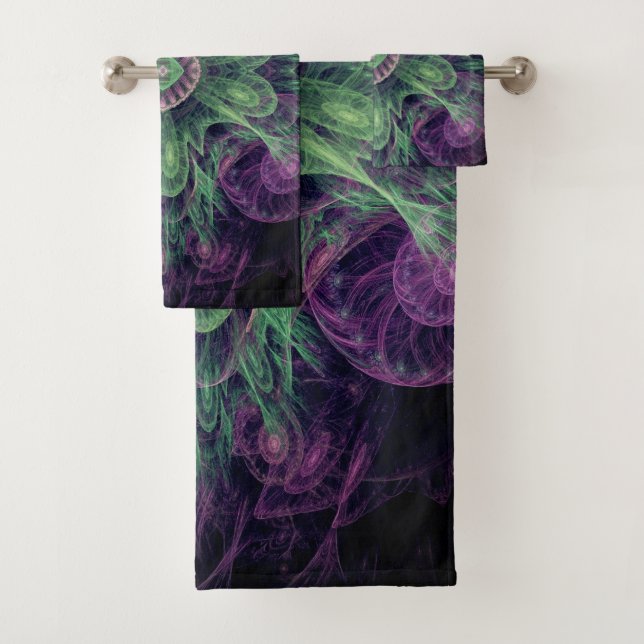 Modern Abstract Fractal Purple and Green Design Bath Towel Set (Insitu)